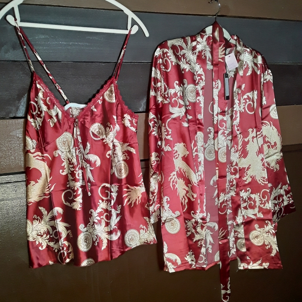 NWT Large ESCALIER Wine & Tan Satin Sexy Lingerie With Belted robe 2 Piece Set